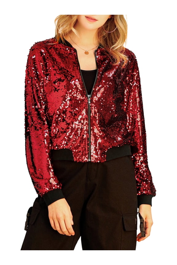 Women's Sequin Jacket Zipper Closure Hidden Pockets Bomber Jacket M Red