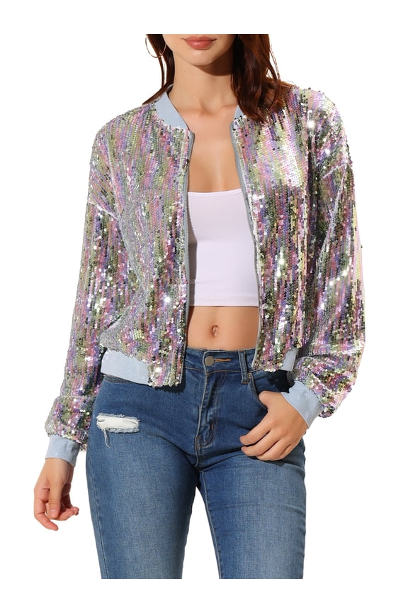 Women's Sequin Jacket Zipper Closure Hidden Pockets Bomber Jacket M White Rainbow