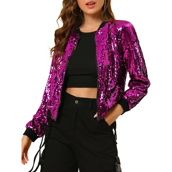 INSPIRE CHIC Women's Sequin Jacket Zipper Closure Hidden Pockets Bomber Jacket S Fuchsia