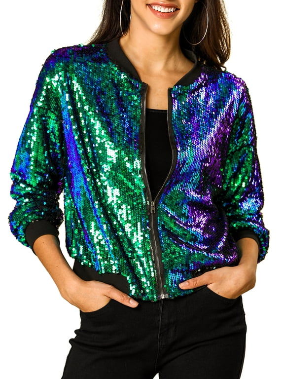 Women's Sequin Jacket Zipper Closure Hidden Pockets Bomber Jacket Green S