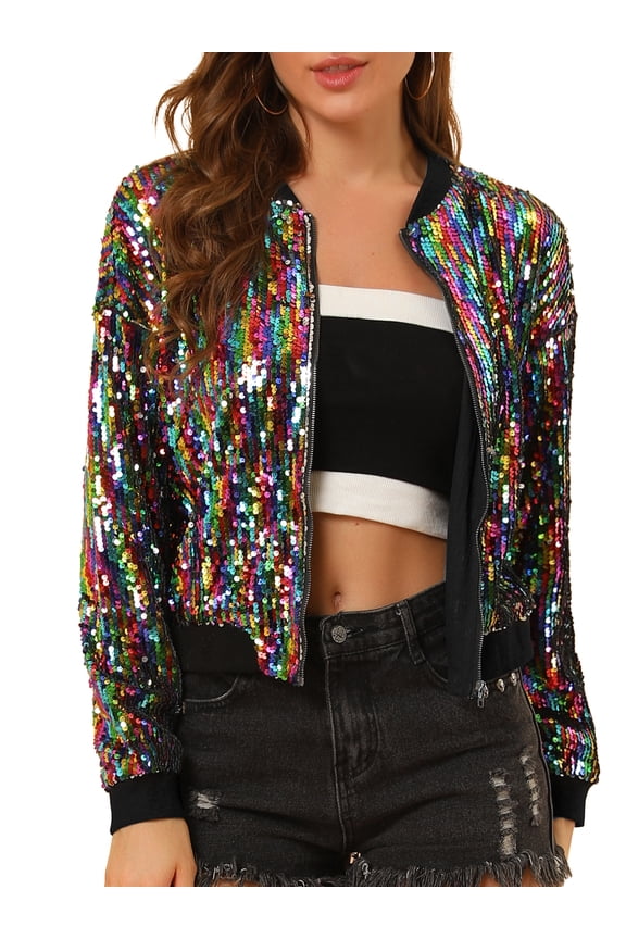 Women's Sequin Jacket Zipper Closure Hidden Pockets Bomber Jacket S Rainbow