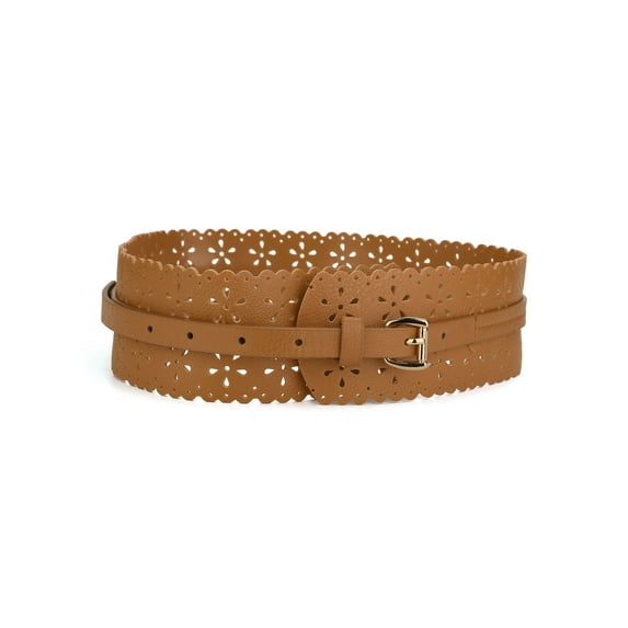 INSPIRE CHIC Women's Hollow Vintage Floral Leather Cinch Wide Belt Brown 28"-31" waist