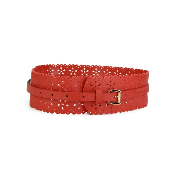 INSPIRE CHIC Women's Hollow Vintage Floral Leather Cinch Wide Belt Red 28"-31" waist