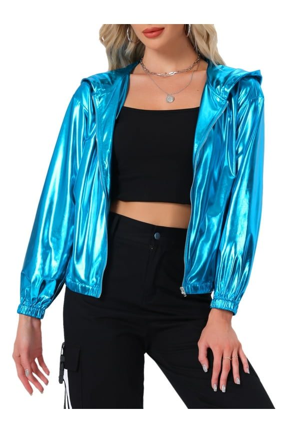 Allegra K Women's Holographic Hooded Shiny Casual Long Sleeve Zipper Metallic Jacket M Lake blue
