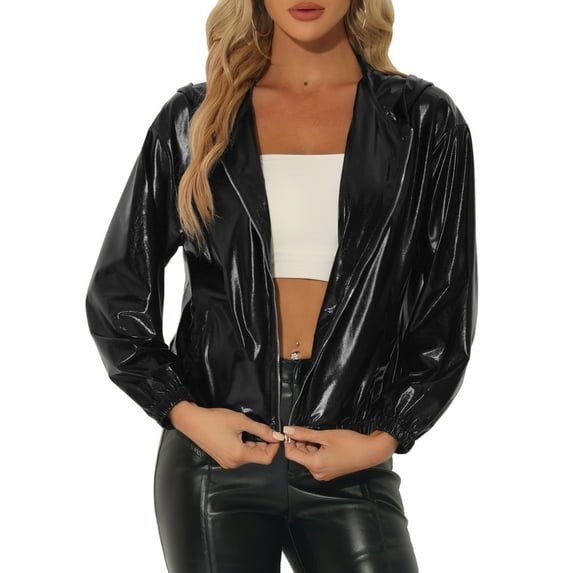 INSPIRE CHIC Women's Holographic Hooded Shiny Casual Long Sleeve Zipper Metallic Jacket S Black