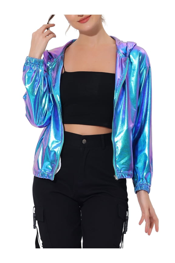 Women's Holographic Hooded Shiny Casual Long Sleeve Zipper Metallic Jacket XL Blue