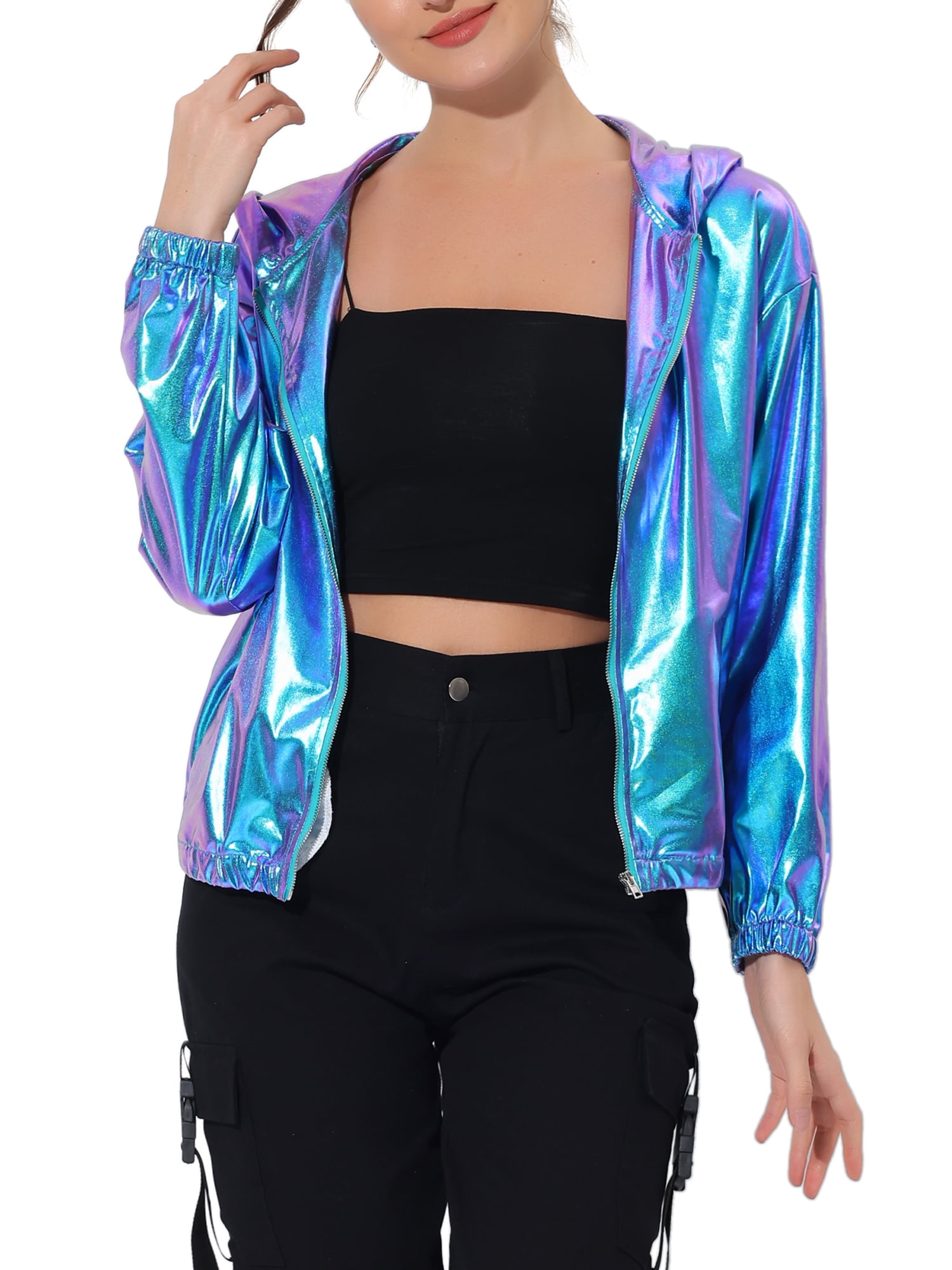 INSPIRE CHIC Women's Holographic Hooded Shiny Casual Long Sleeve Zipper Metallic Jacket XS Blue