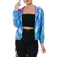thumbnail image 1 of INSPIRE CHIC Women's Holographic Hooded Shiny Casual Long Sleeve Zipper Metallic Jacket XS Blue, 1 of 5
