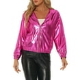 thumbnail image 1 of INSPIRE CHIC Women's Holographic Hooded Shiny Casual Long Sleeve Zipper Metallic Jacket XS Hot Pink, 1 of 5