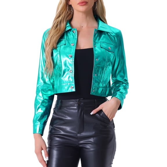 INSPIRE CHIC Women's Holographic Shiny Biker Button Down Metallic Jacket XS Green