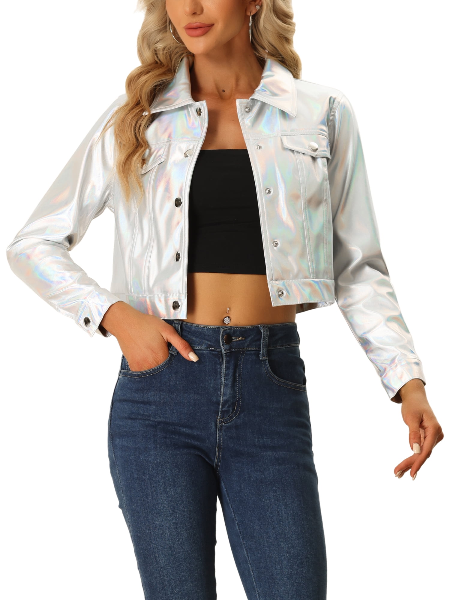 INSPIRE CHIC Women's Holographic Shiny Biker Button Down Metallic Jacket M Silver