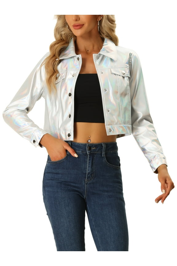Women's Holographic Shiny Biker Button Down Metallic Jacket XL Silver
