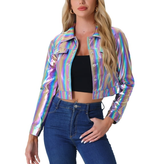 INSPIRE CHIC Women's Holographic Shiny Biker Button Down Metallic Jacket M Multicolor