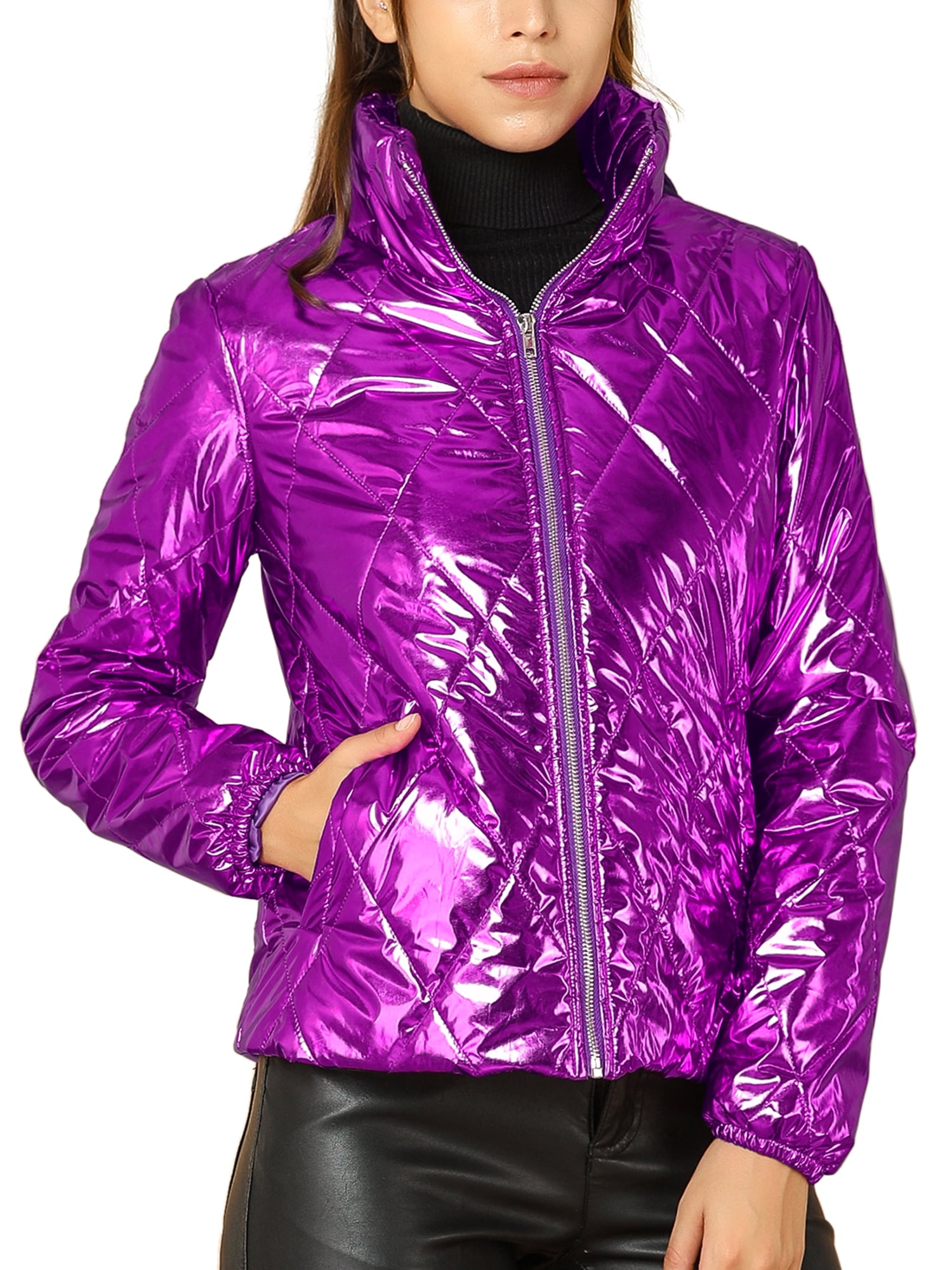 INSPIRE CHIC Women's Holographic Zipper Quilting Metallic Short Puffer Coat Jacket