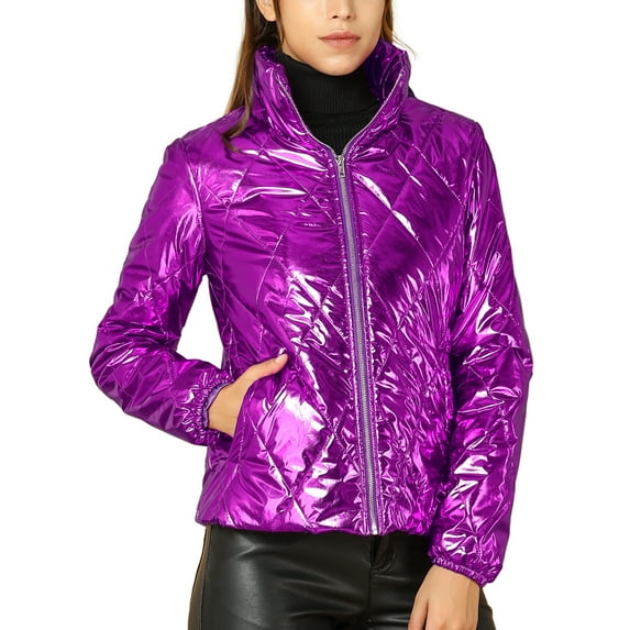 INSPIRE CHIC Women's Holographic Zipper Quilting Metallic Short Puffer Coat Jacket