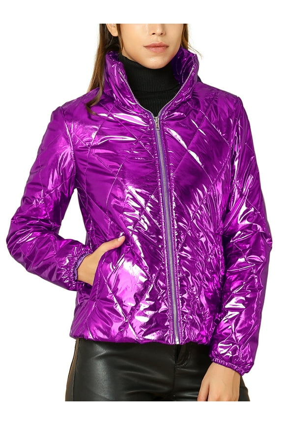 Women's Holographic Zipper Quilting Metallic Short Puffer Coat Jacket
