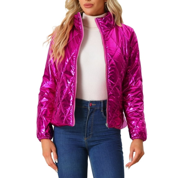 INSPIRE CHIC Women's Holographic Zipper Quilting Metallic Short Puffer Coat Jacket