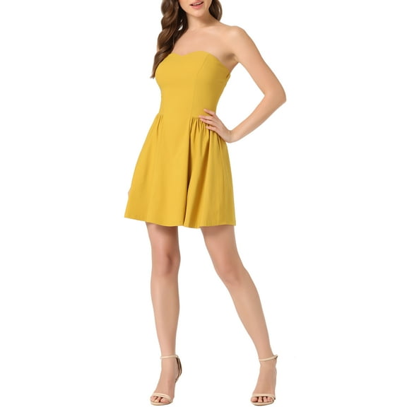 INSPIRE CHIC Women's Dress Sweetheart Neck Strapless Exposed Zipper Mini Flare Dress L Mustard
