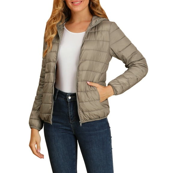 INSPIRE CHIC Women's Puffer Jacket Stand Collar Lightweight Hooded Zip Up Jacket M Khaki