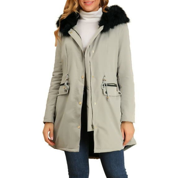 INSPIRE CHIC Women's Hooded Vegan Down Faux Fur Mid Length Parka Jacket Gray S