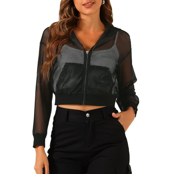 INSPIRE CHIC Women's Hoodie Zip Up 2023 Fashion Mesh Sheer Bomber Jackets M Black