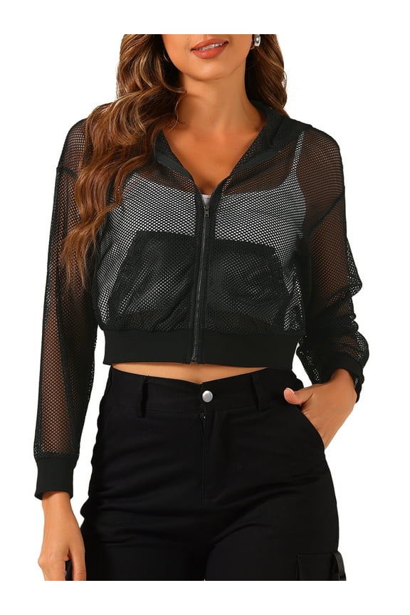 Women's Hoodie Zip Up 2023 Fashion Mesh Sheer Bomber Jackets M Black