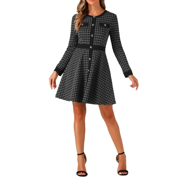 INSPIRE CHIC Women's Dress Houndstooth Plaid Crew Neck Button Front Elegant A-Line Dress M Dark Gray