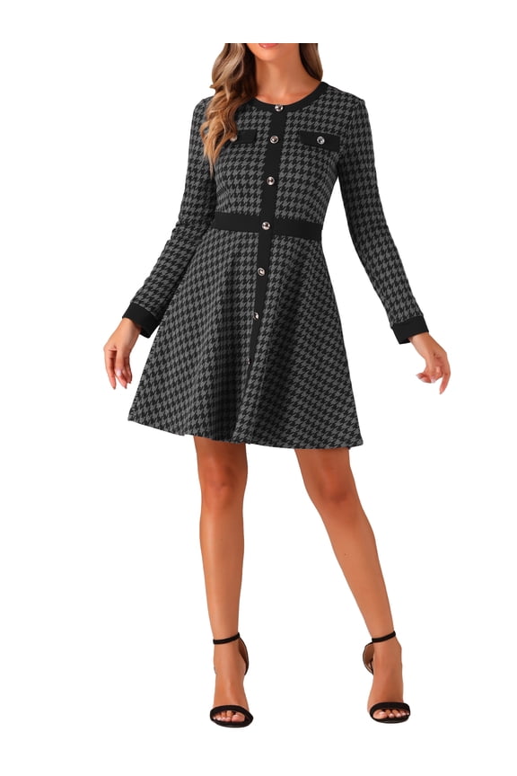 Women's Dress Houndstooth Plaid Crew Neck Button Front Elegant A-Line Dress L Dark Gray