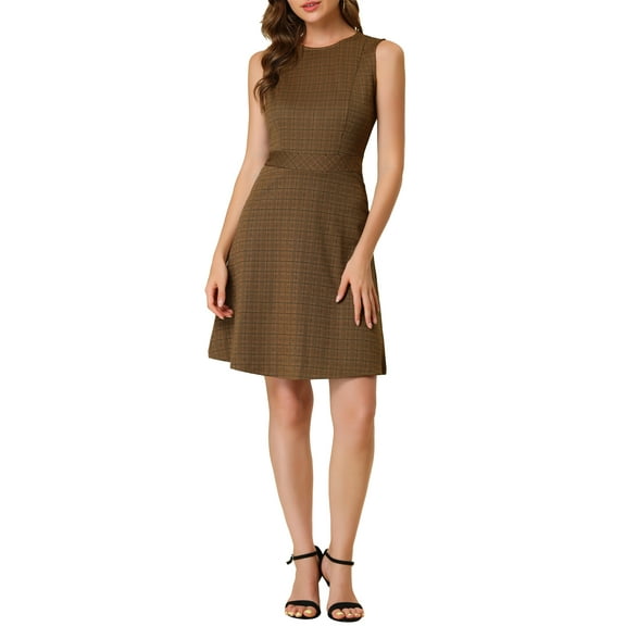 INSPIRE CHIC Women's Houndstooth Plaid Above Knee Sleeveless Fit and Flare Dresses XL Brown