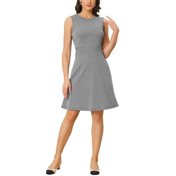INSPIRE CHIC Women's Houndstooth Plaid Above Knee Sleeveless Fit and Flare Dresses M Black Houndstooth
