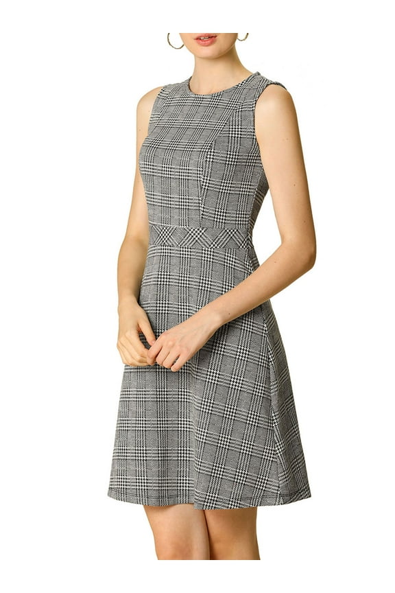 Women's Houndstooth Plaid Above Knee Sleeveless Fit and Flare Dresses XS White Black