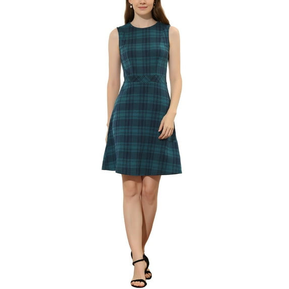 INSPIRE CHIC Women's Houndstooth Plaid Above Knee Sleeveless Fit and Flare Dresses S Blue