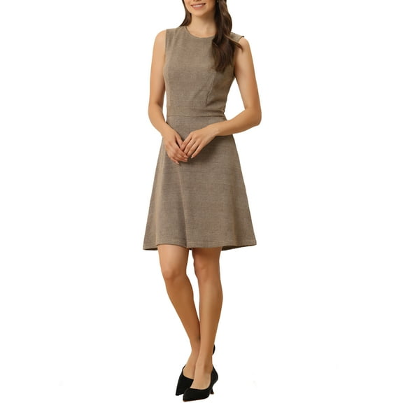 INSPIRE CHIC Women's Houndstooth Plaid Above Knee Sleeveless Fit and Flare Dresses XS Brown Apricot
