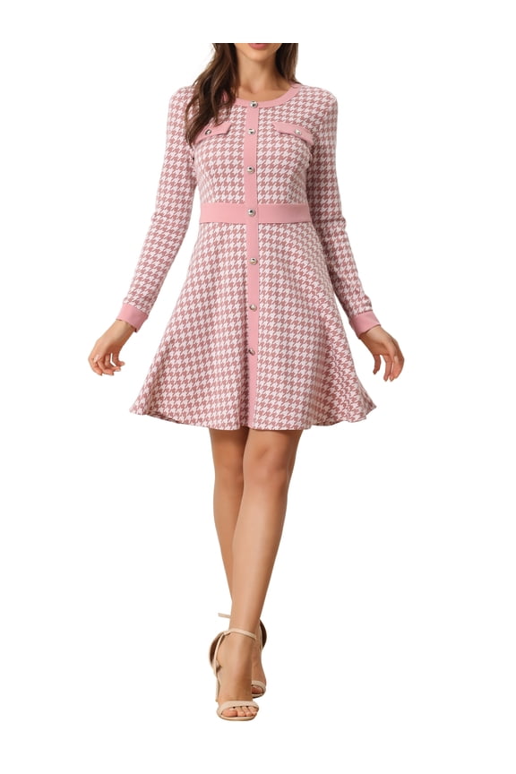 Women's Dress Houndstooth Plaid Crew Neck Button Front Elegant A-Line Dress L Pink
