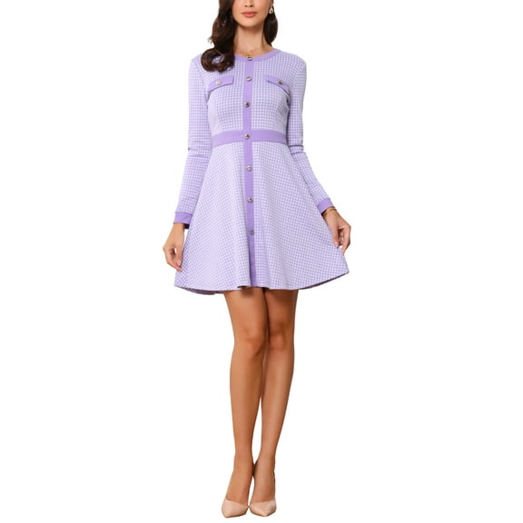 INSPIRE CHIC Women's Dress Houndstooth Plaid Crew Neck Button Front Elegant A-Line Dress M Purple