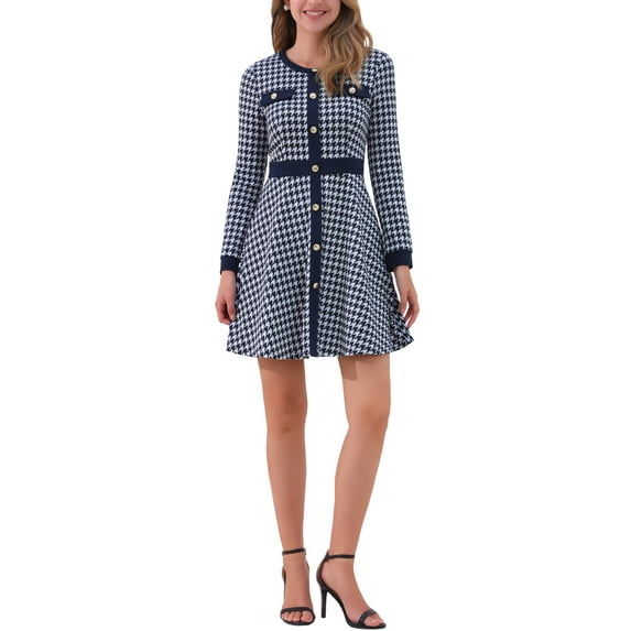 INSPIRE CHIC Women's Dress Houndstooth Plaid Crew Neck Button Front Elegant A-Line Dress S 2