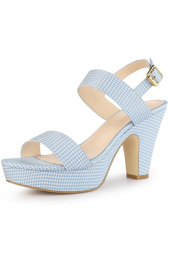 Women's Houndstooth Plaid Print Platform Buckle Block High Heel Sandals Light Blue 7.5