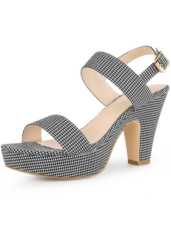 Style Women's Houndstooth Plaid Print Platform Buckle Block High Heel Sandals Black 7