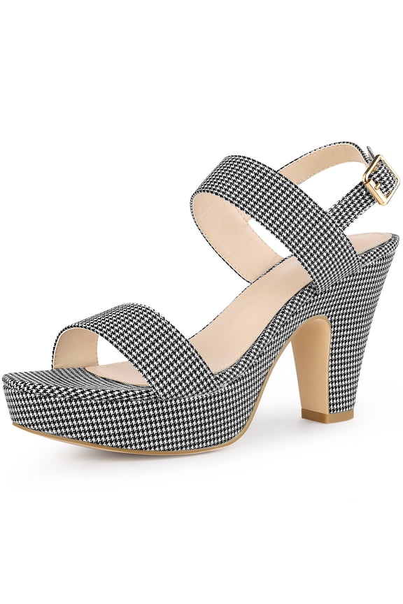Women's Houndstooth Plaid Print Platform Buckle Block High Heel Sandals Black 7