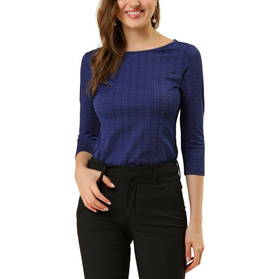 INSPIRE CHIC Women's Check Top Boat Neck 3/4 Sleeve Plaid Houndstooth Blouse 2XL Deep Blue