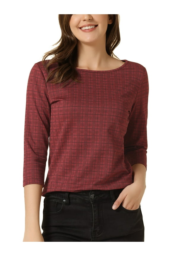Women's Check Top Boat Neck 3/4 Sleeve Plaid Houndstooth Blouse L Red Plaid