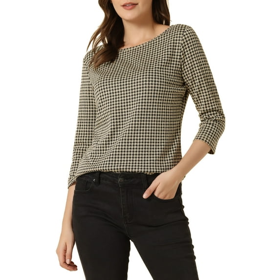 INSPIRE CHIC Women's Check Top Boat Neck 3/4 Sleeve Plaid Houndstooth Blouse M Black Khaki
