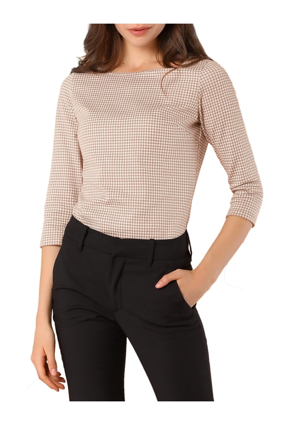 Edition Women's Check Top Boat Neck 3/4 Sleeve Plaid Houndstooth Blouse M Pinks