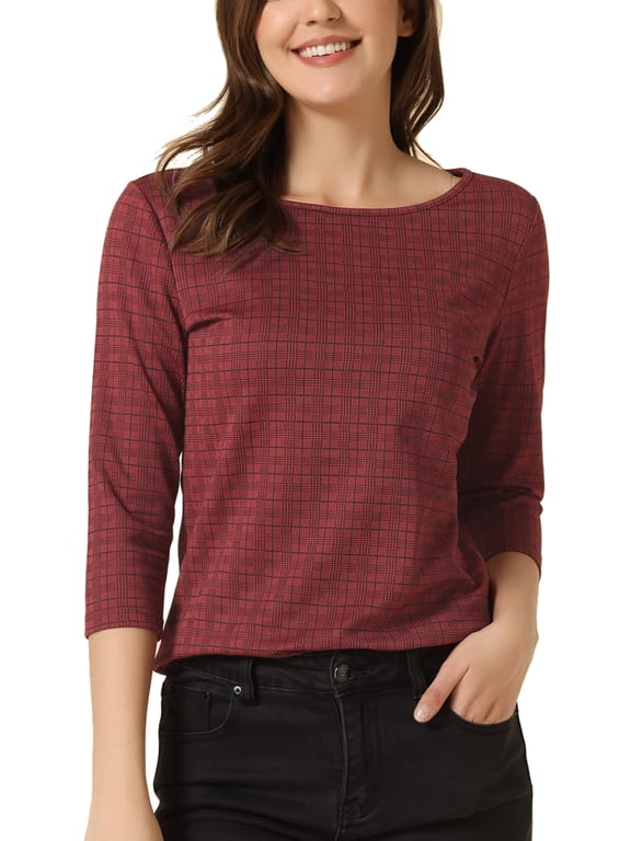 Women's Boat Neck Knit Top 3/4 Sleeve Houndstooth Plaid Blouse for Fall Winter M Red Plaid
