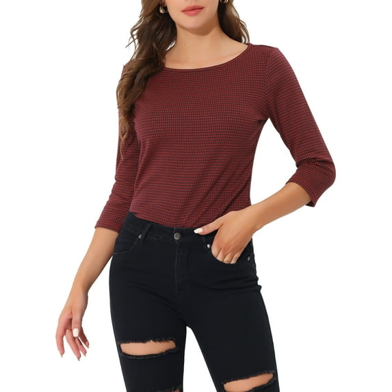 INSPIRE CHIC Women's Check Top Boat Neck 3/4 Sleeve Plaid Houndstooth Blouse S Red a