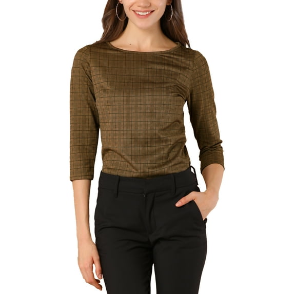 INSPIRE CHIC Women's Check Top Boat Neck 3/4 Sleeve Plaid Houndstooth Blouse XL Brown-gold