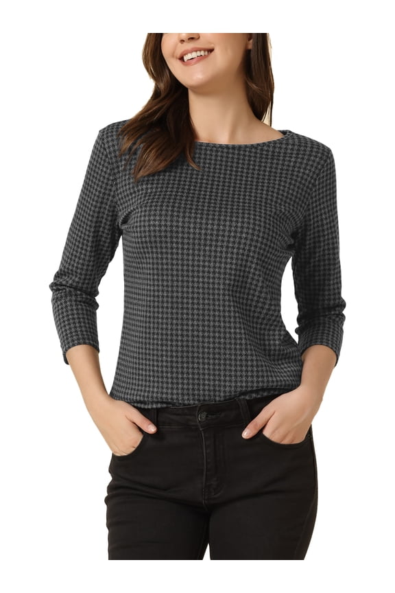 Women's Check Top Boat Neck 3/4 Sleeve Plaid Houndstooth Blouse XL Dark Gray
