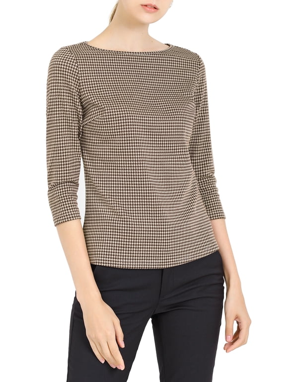 Women's Boat Neck Knit Top 3/4 Sleeve Houndstooth Plaid Blouse for Fall Winter Brown XS