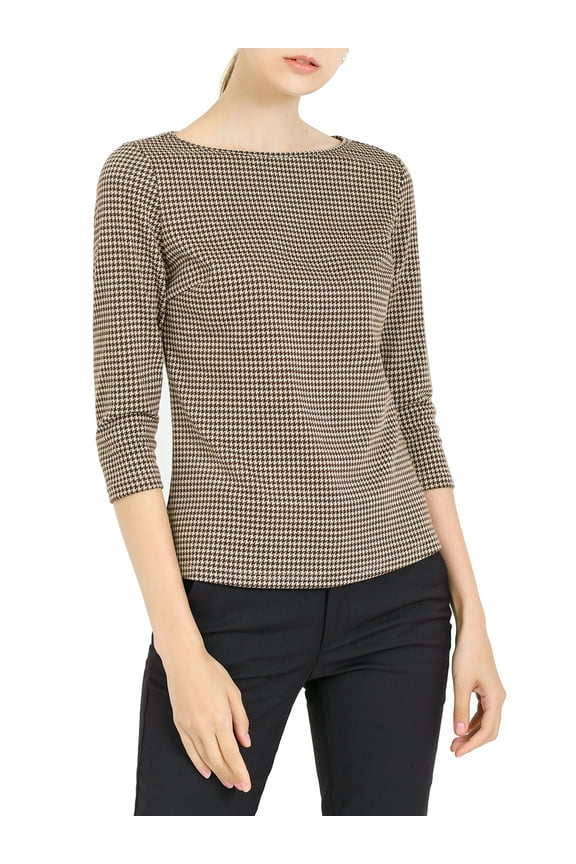 Women's Check Top Boat Neck 3/4 Sleeve Plaid Houndstooth Blouse XS Brown
