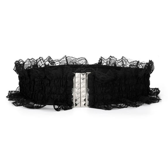 INSPIRE CHICElastic Fabric Interlocking Buckle Mesh Lace Decor Waist Belt for Women One Size Black-interlock